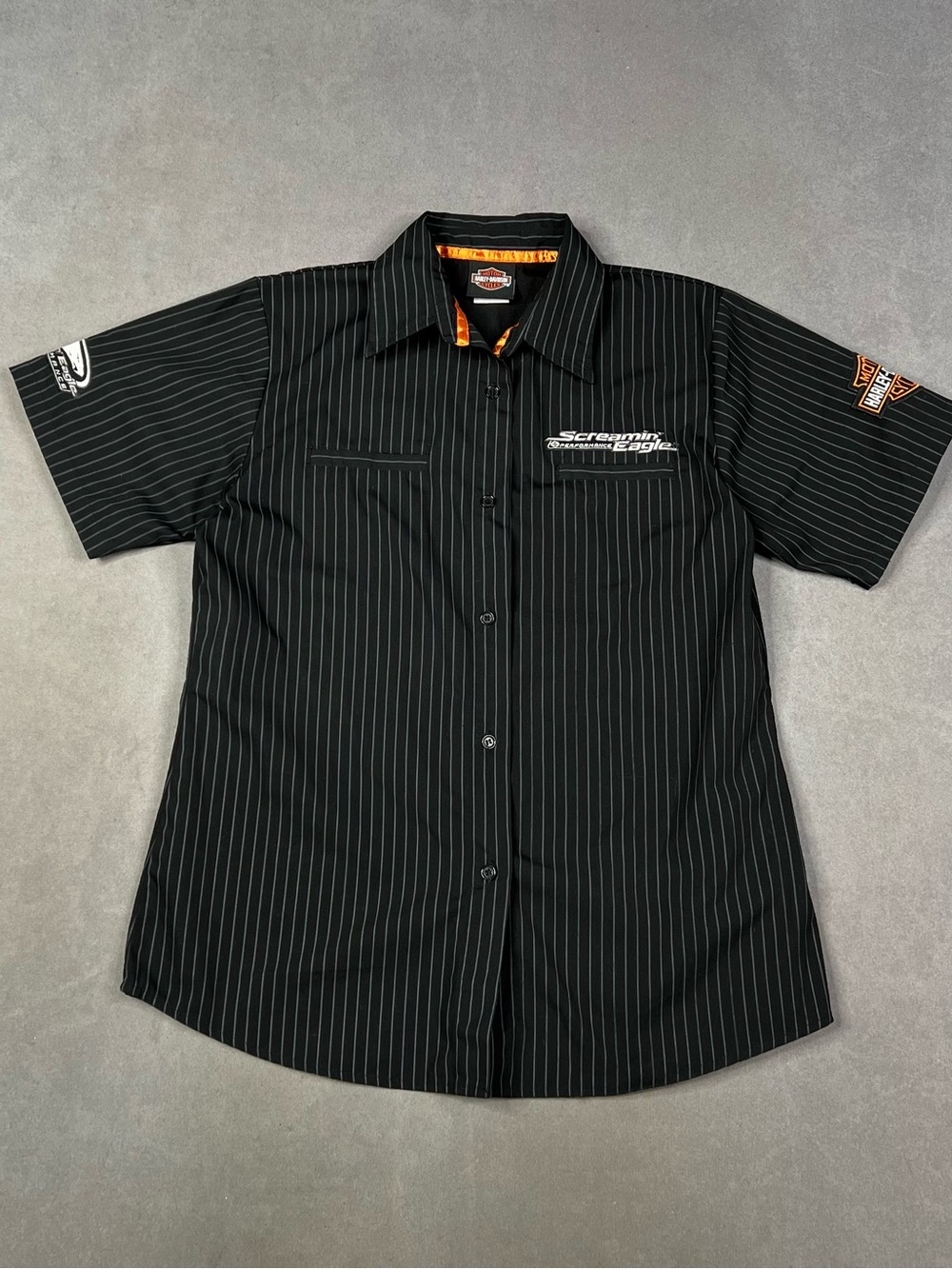 Harley-Davidson Black Pinstripe Short-Sleeve Button-Up with Orange Accents